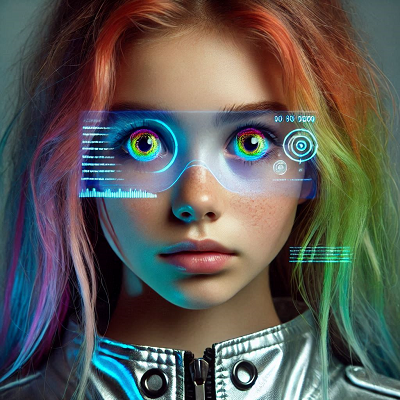 Futuristic image of  girl make eye contact